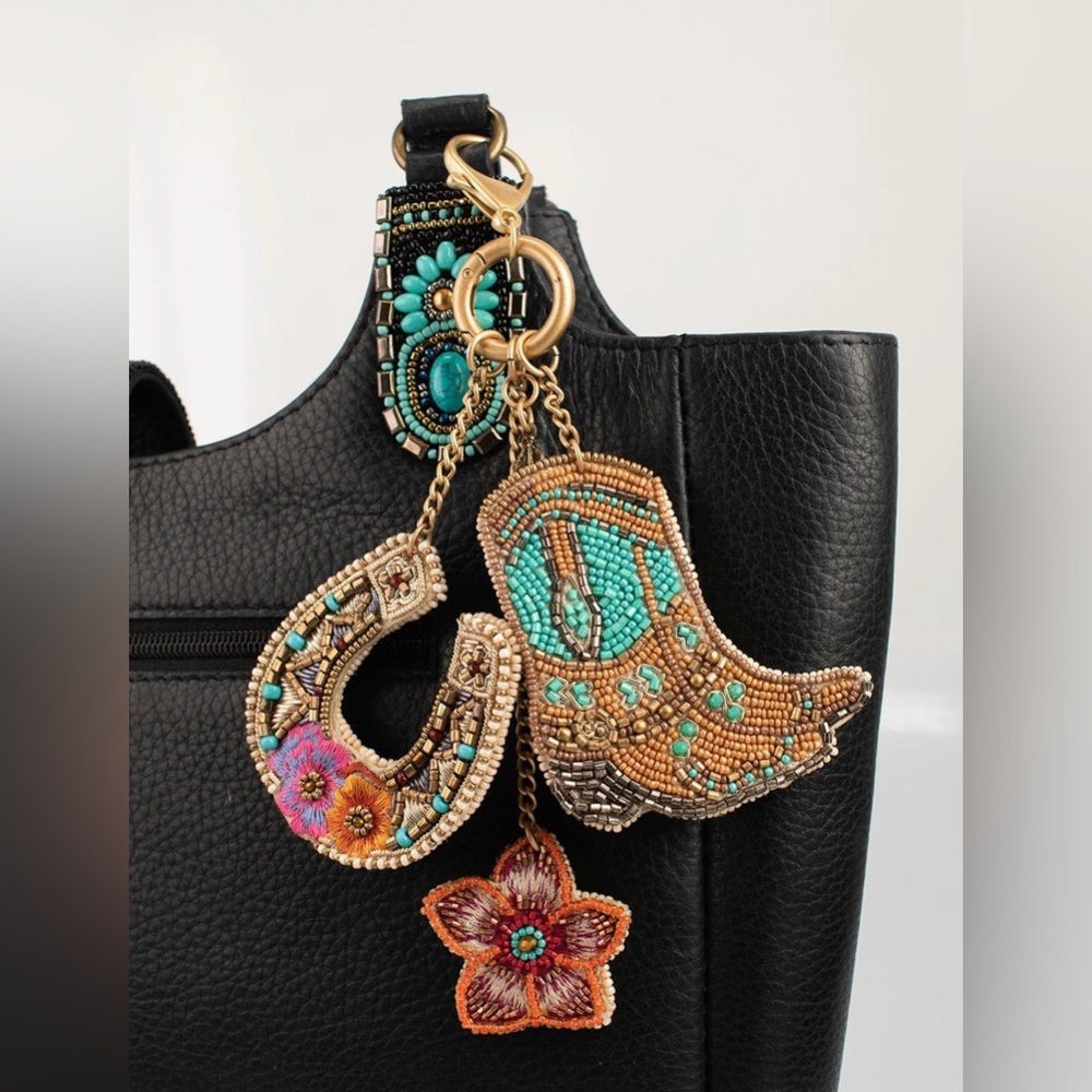 Mary Frances Beaded Turquoise & Gold Cowboy Boot Keychain Charm
